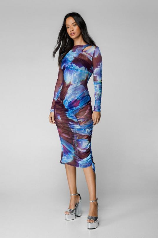 Printed Mesh Ruched Midi Dress Product Image