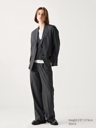 Womens Pleated Wide Pants Checked Tall Dark Gray Medium UNIQLO US Product Image