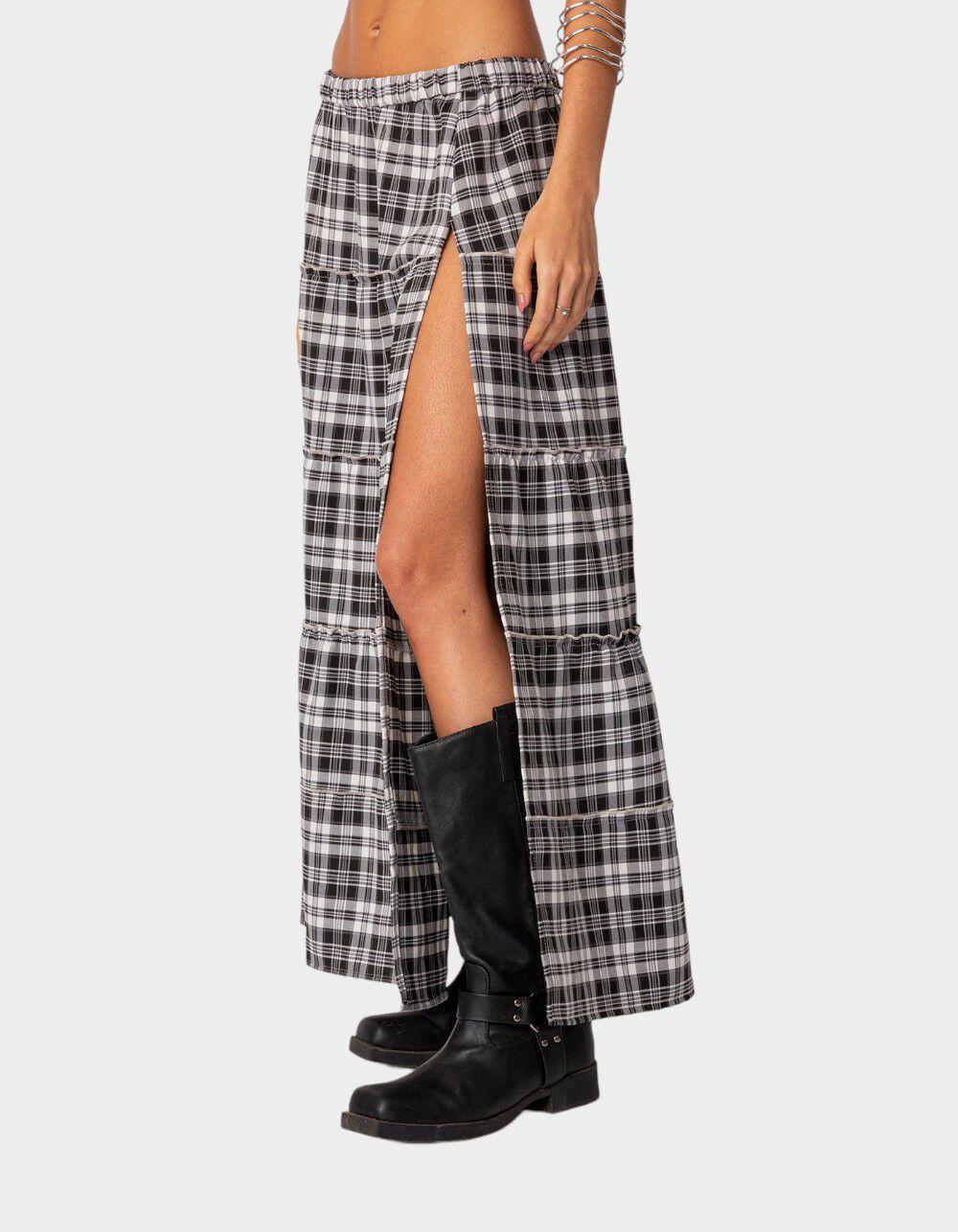 EDIKTED Plaid Side Slit Tiered Maxi Skirt Product Image