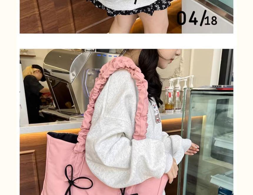 Ruched Strap Lettering Embroidered Bow Accent Tote Bag Product Image