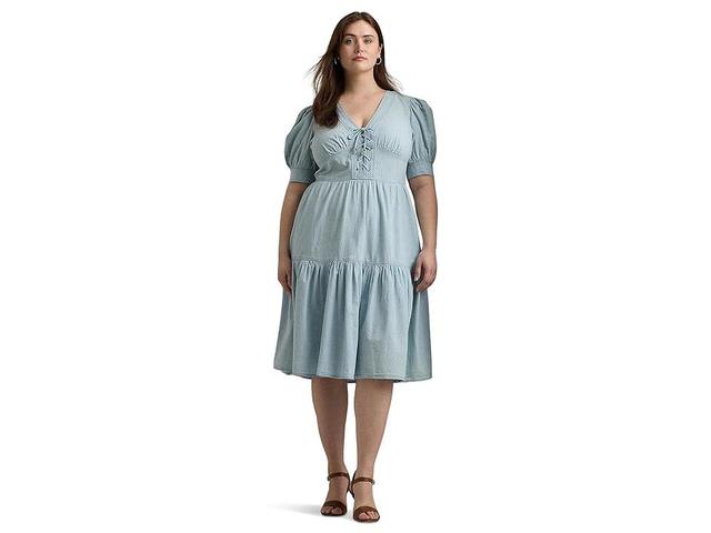 Lauren Ralph Lauren Plus-Size Chambray Puff-Sleeve Dress (Medium Chambray Wash) Women's Dress Product Image