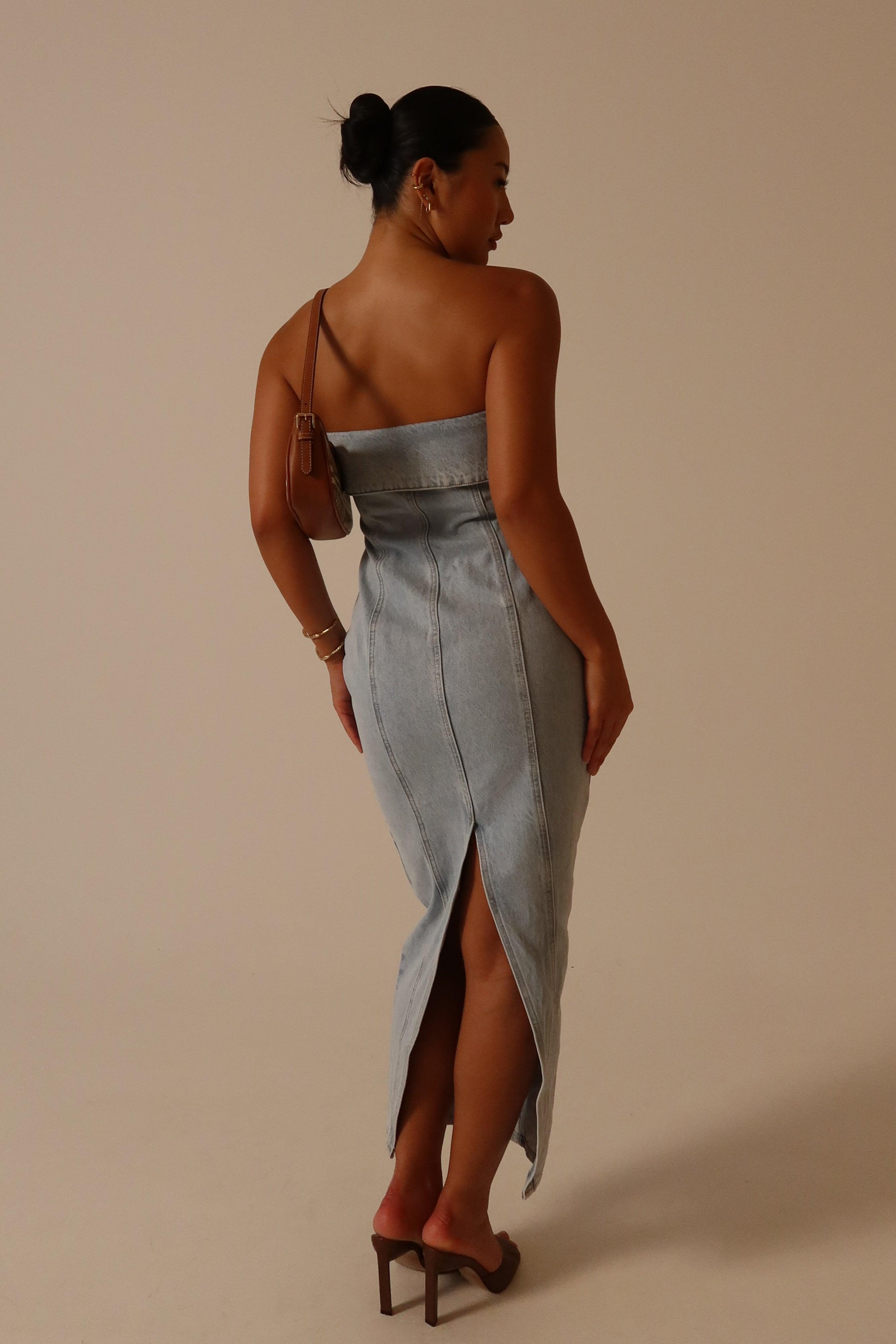 Katherine Strapless Denim Midi Dress - Light Blue Product Image