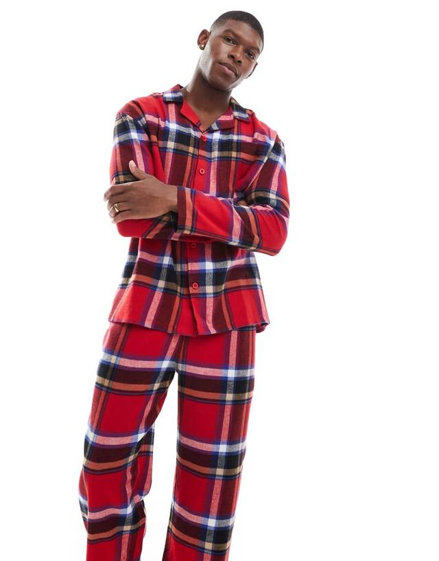 ASOS DESIGN pajama set with plaid shirt and bottoms in red Product Image