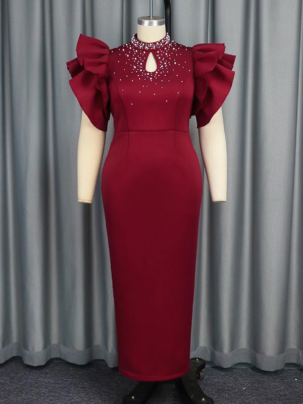 Solid Color Tied Waist Beaded High-Waisted  Bodycon Midi Dresses Product Image