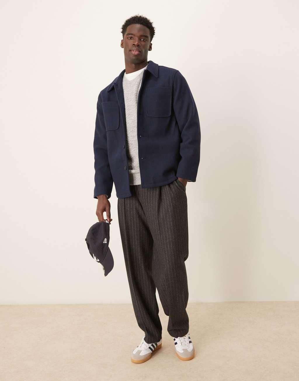 ASOS DESIGN wool look shacket in navy Product Image