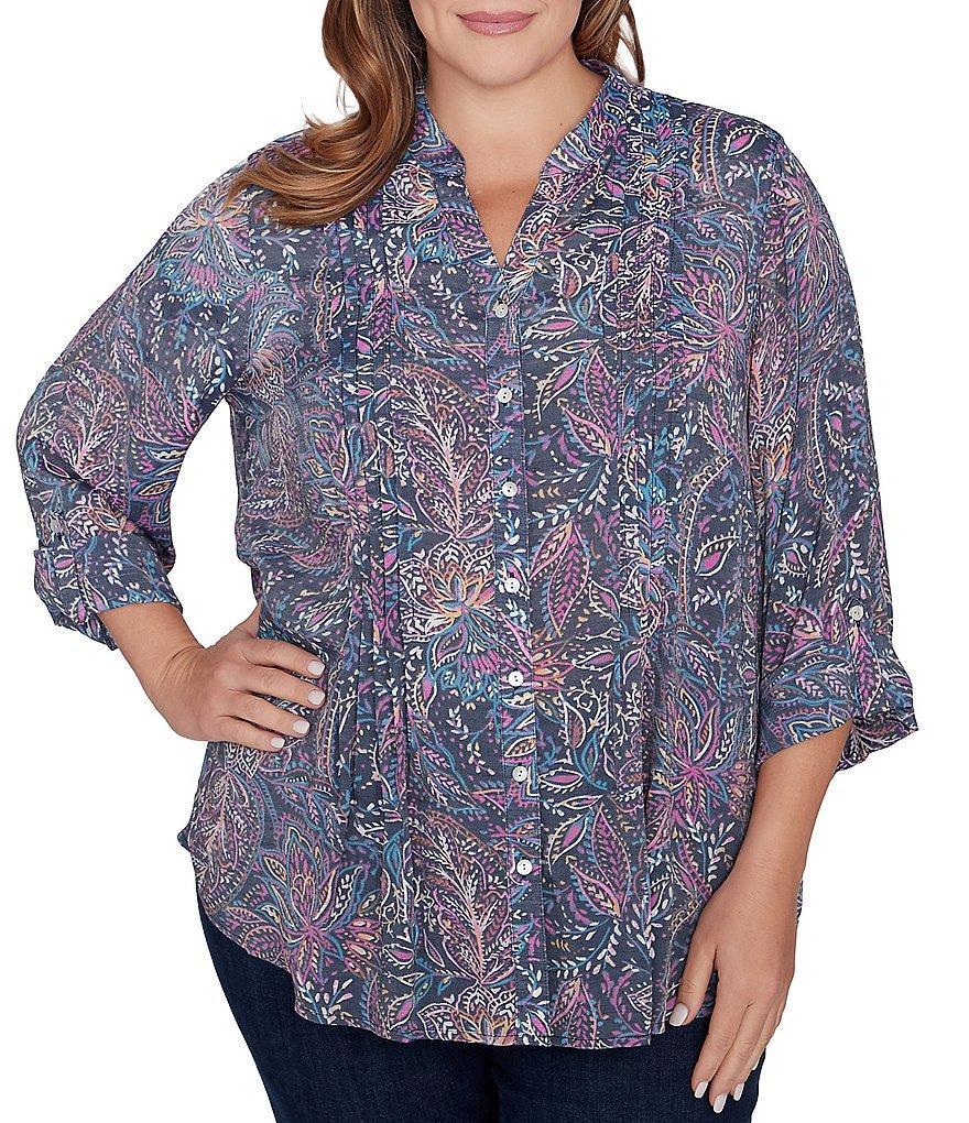 Ruby Rd. Plus Size Batik Floral Print Woven Band Notch Neck Roll-Tab Sleeve Pleat Front Button Down Top Product Image