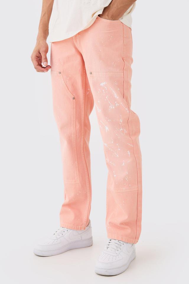 Relaxed Rigid Carpenter Paint Splatter Overdyed Jeans | boohooMAN USA Product Image