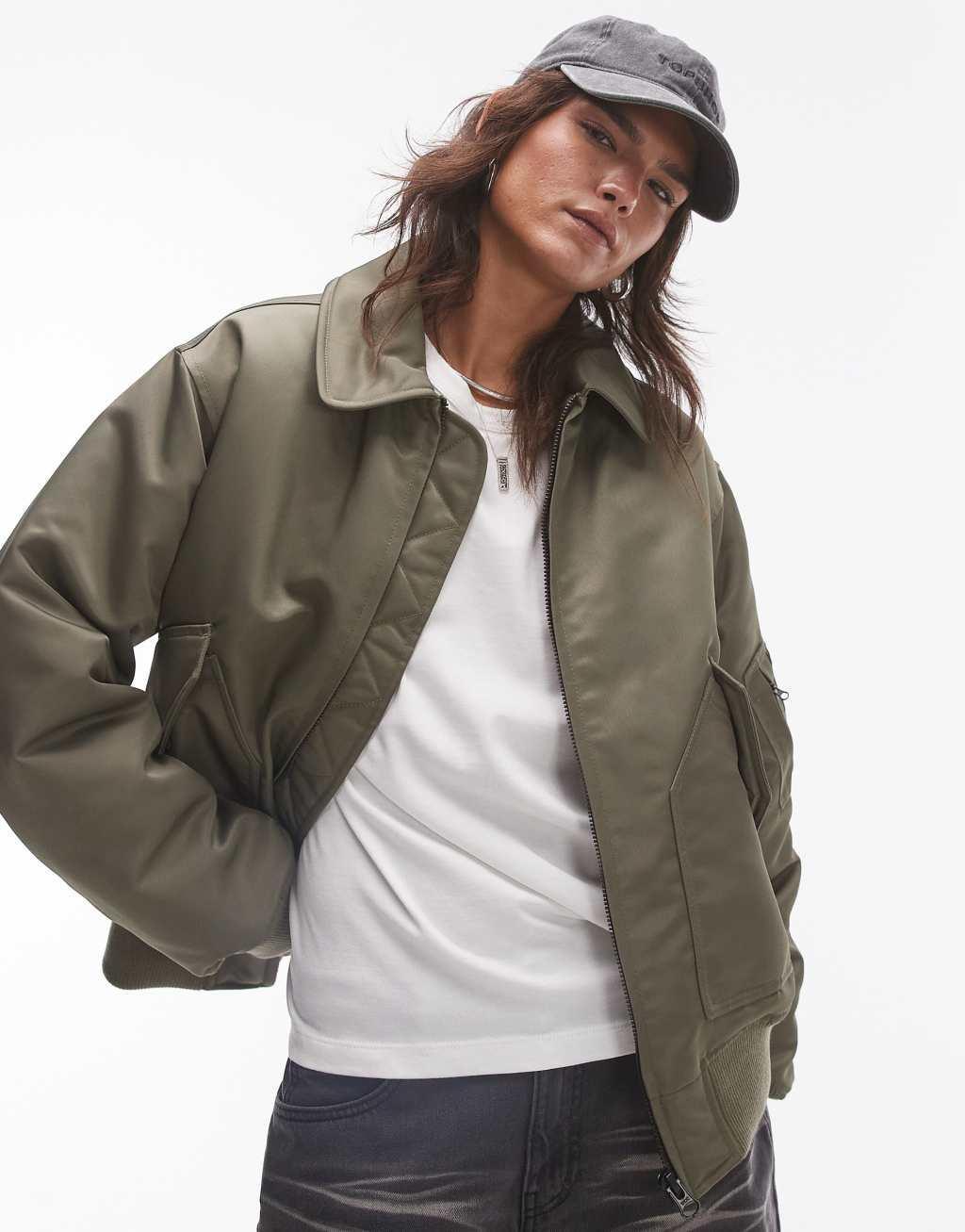 Topshop twill nylon bomber jacket in khaki Product Image