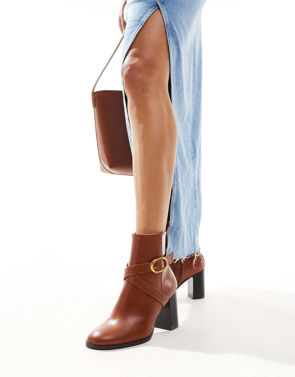 ASOS DESIGN Regan mid-heel buckle boots in tan Product Image