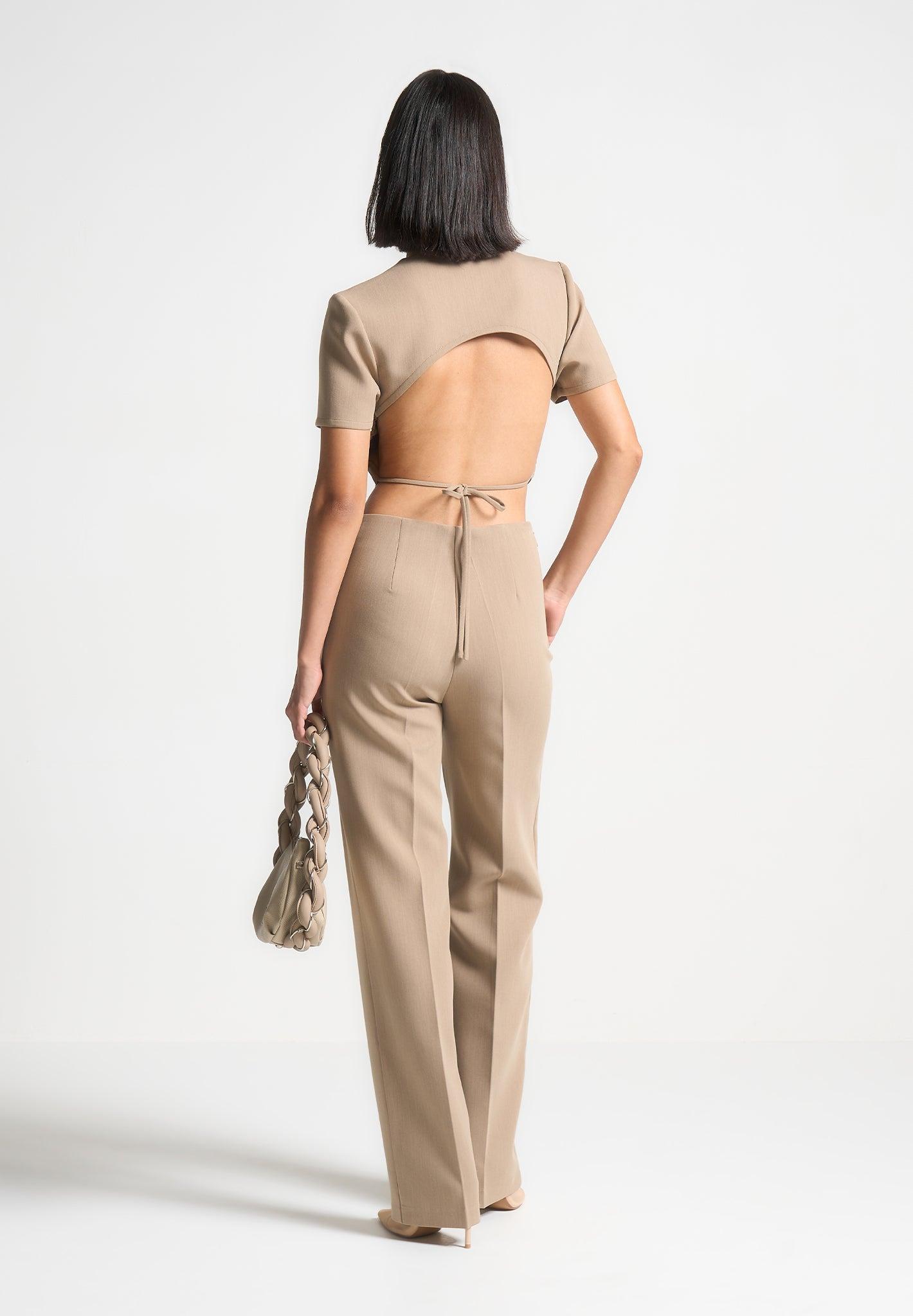 Curved Waist Tailored Trousers - Dark Beige Female Product Image