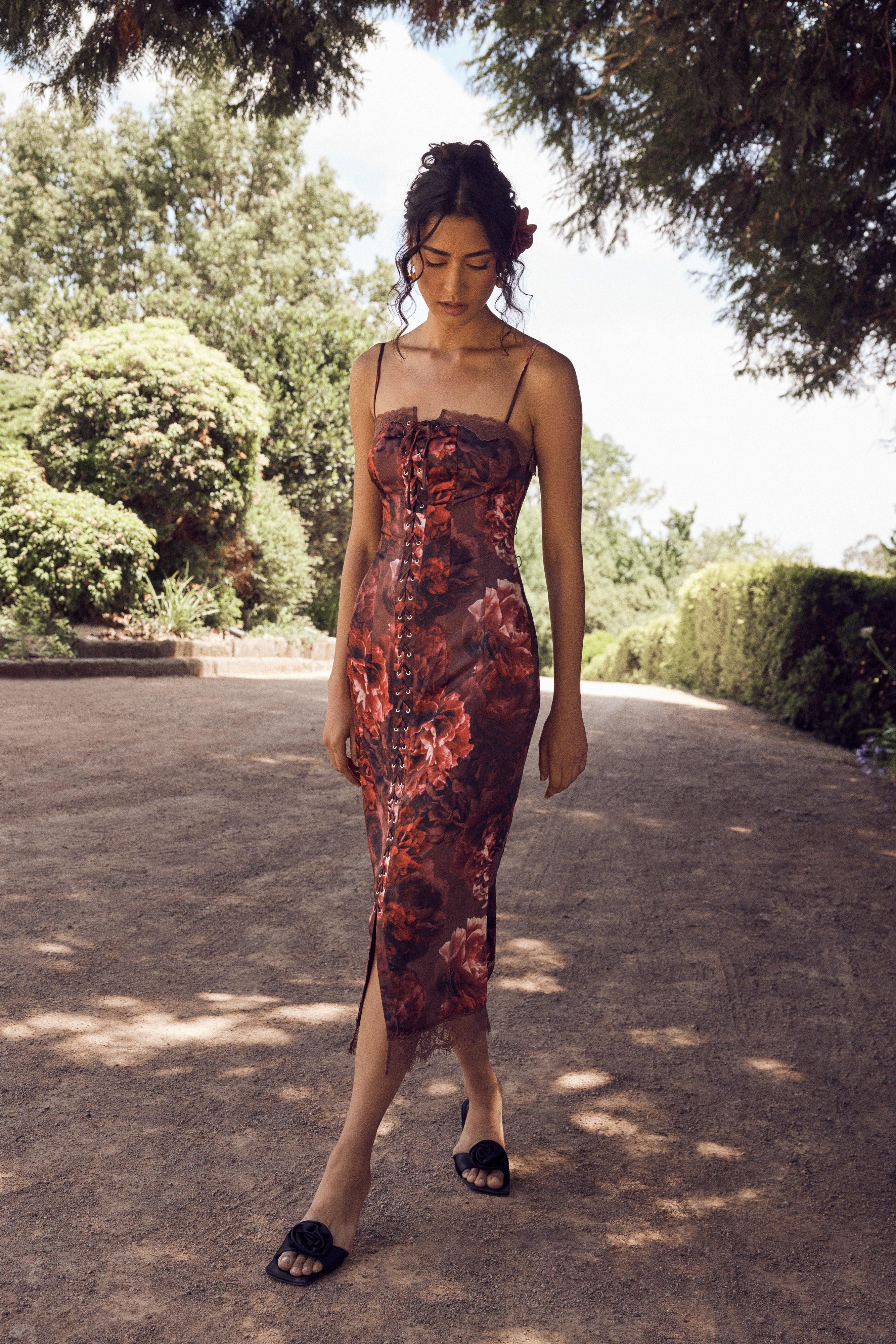 Makayla Midi Dress With Lace - Peony Print Product Image