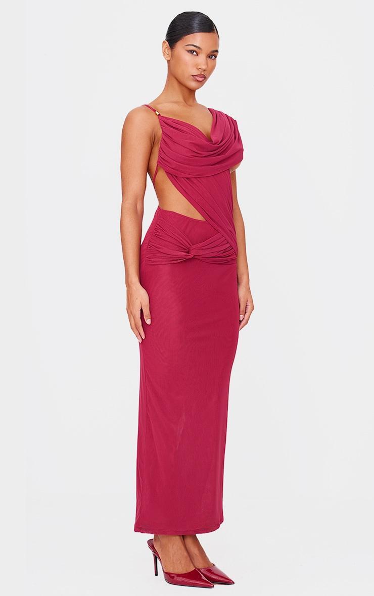 Burgundy Mesh Draped Cut Out Maxi Dress Product Image