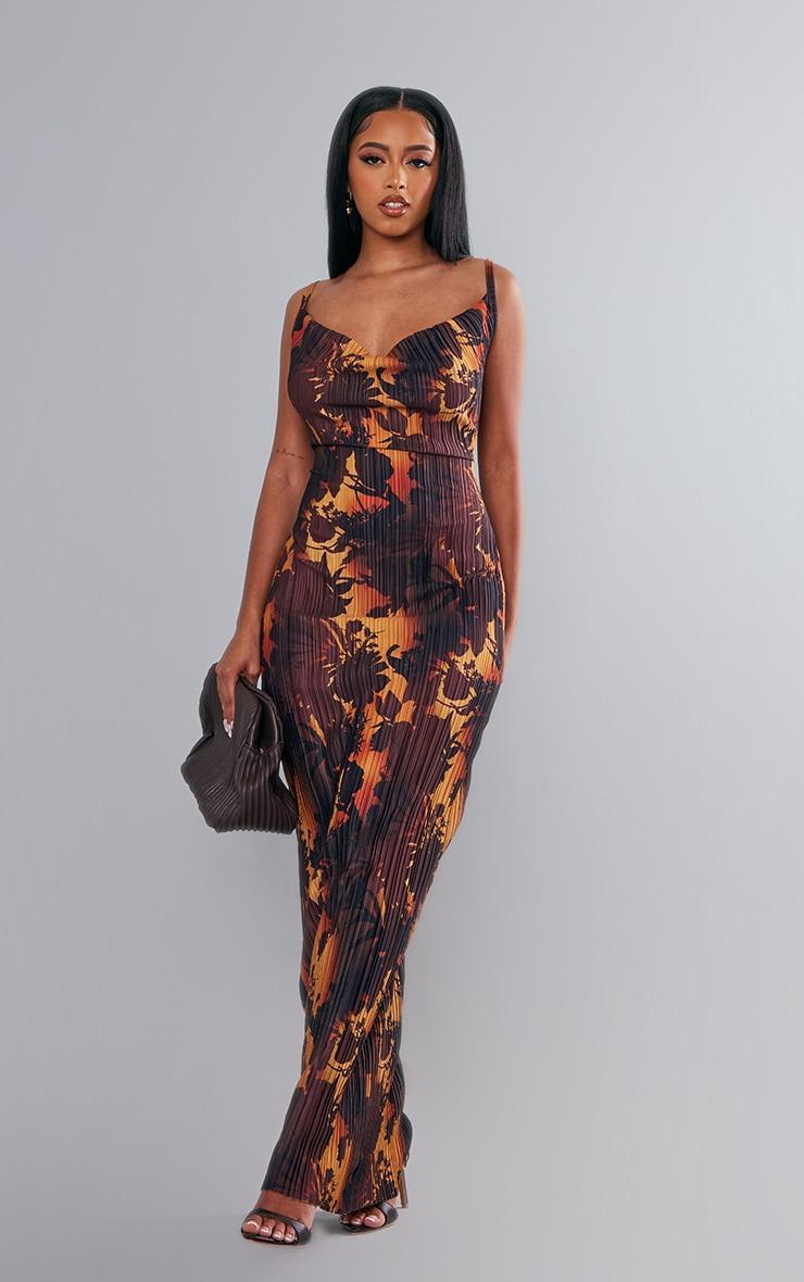 Brown Floral Ombre Plisse Strappy Maxi Dress Product Image