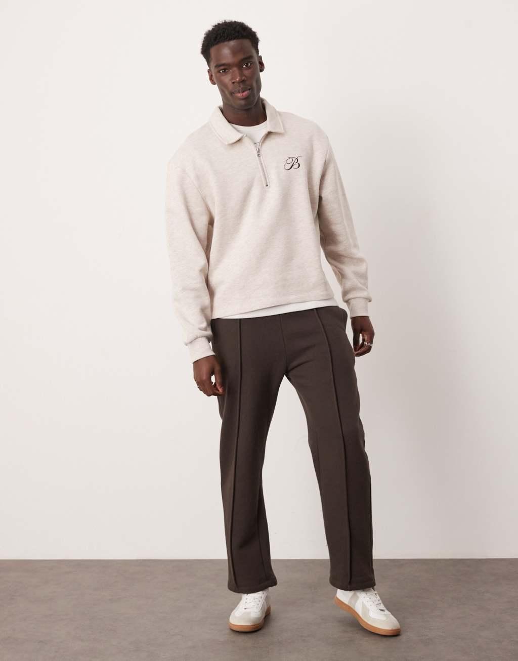 ASOS DESIGN boxy oversized polo sweatshirt with chest embroidery in oatmeal heather Product Image