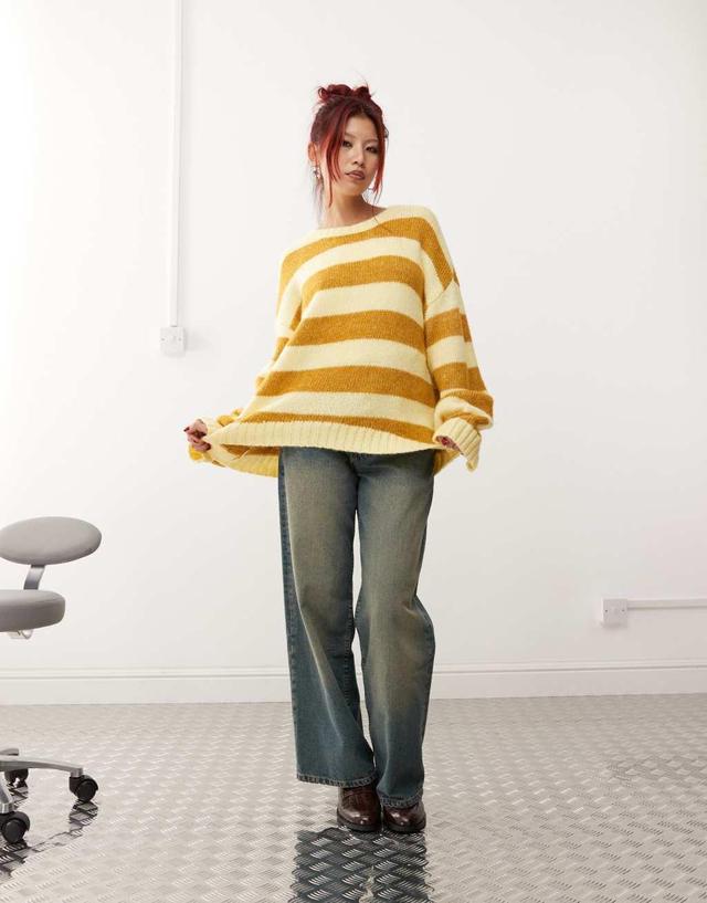 Monki crew neck knit sweater in yellow stripe Product Image