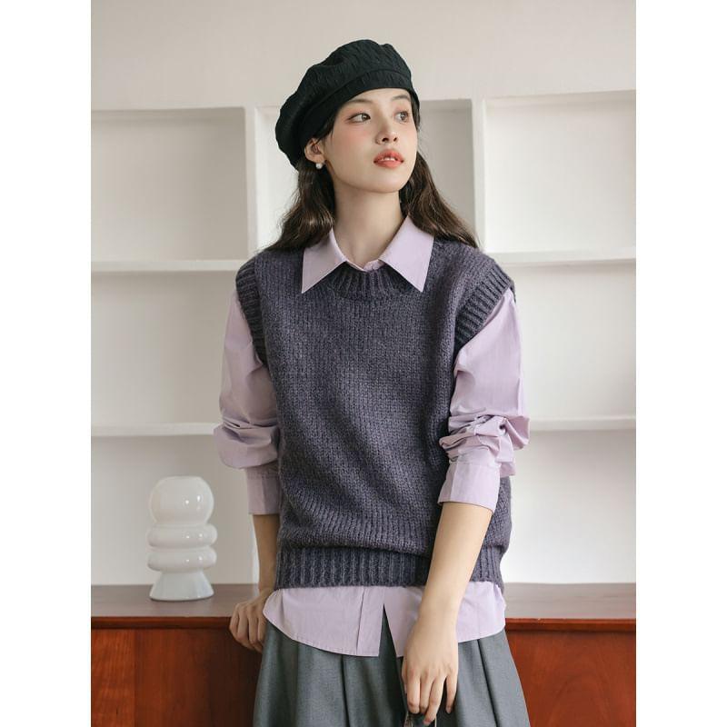 Crew Neck Plain Sweater Vest / Long-Sleeve Button-Up Shirt Product Image