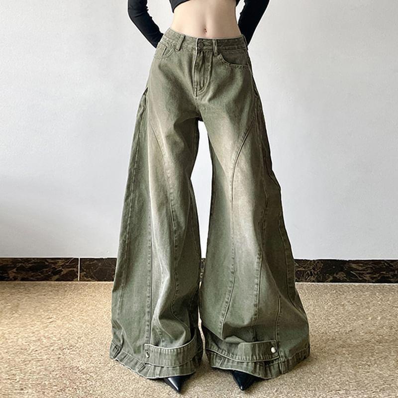 Low Waist Wide Leg Jeans With Seams Washed Print Product Image