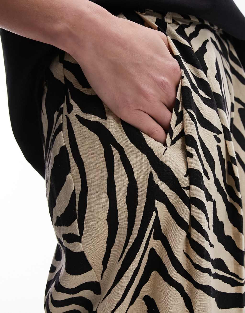 Topshop zebra printed wide leg linen pants in monochrome Product Image