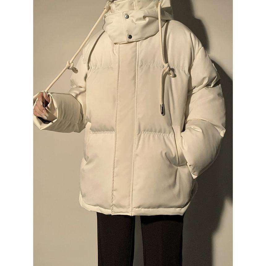 Stand Collar Plain Hood Zip Puffer Jacket Product Image