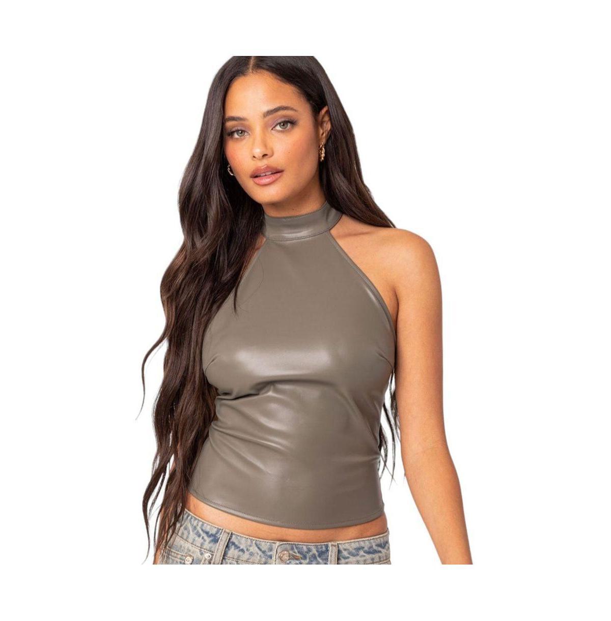 EDIKTED Sienna Faux Leather Halter Top Product Image