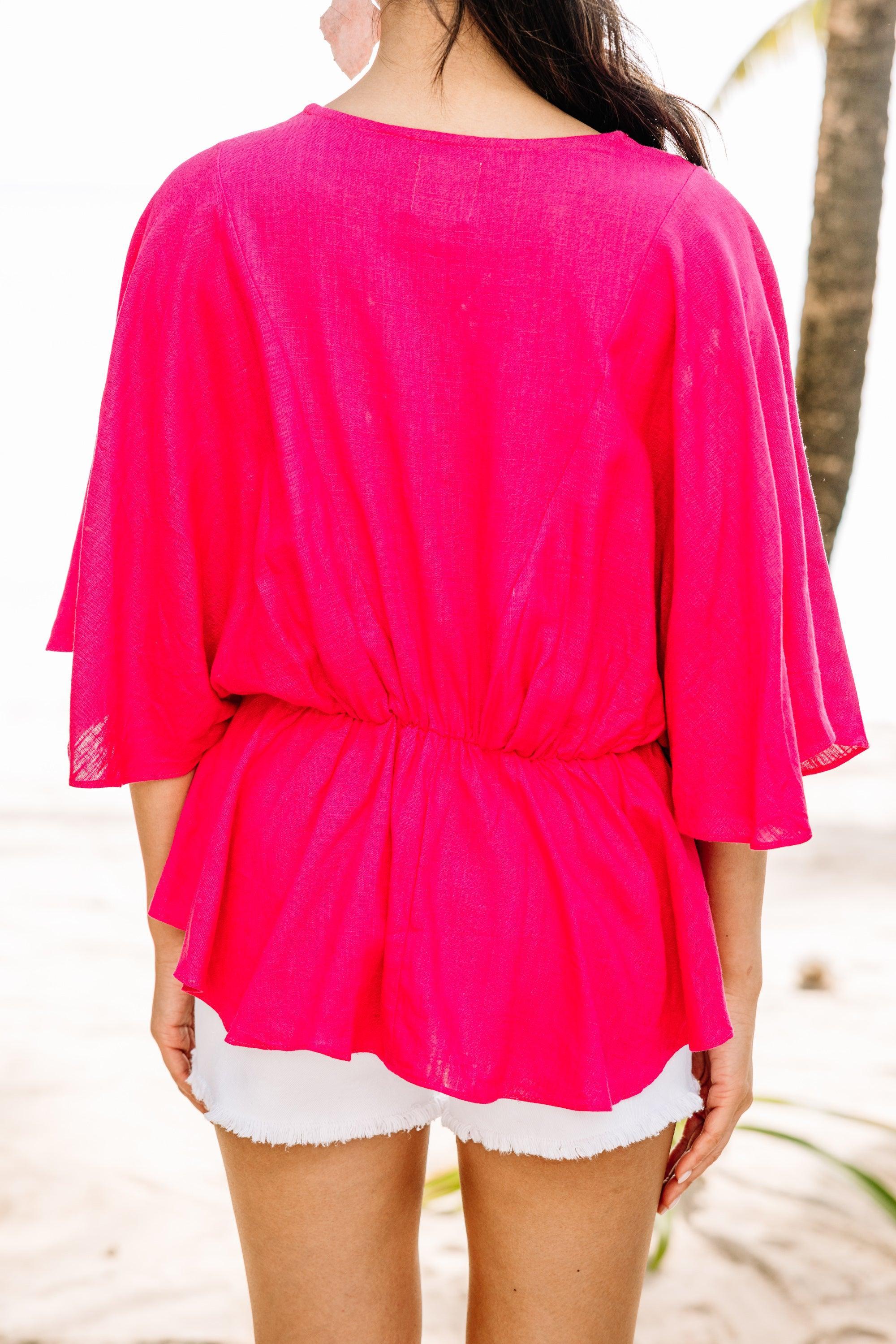 Tell Me Everything Fuchsia Pink Peplum Linen Top Female Product Image