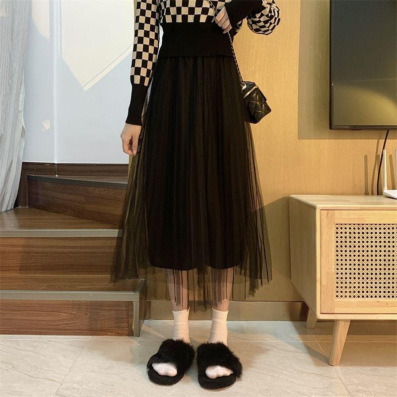 Elastic Waist Plain Mesh Midi A-Line Skirt Product Image