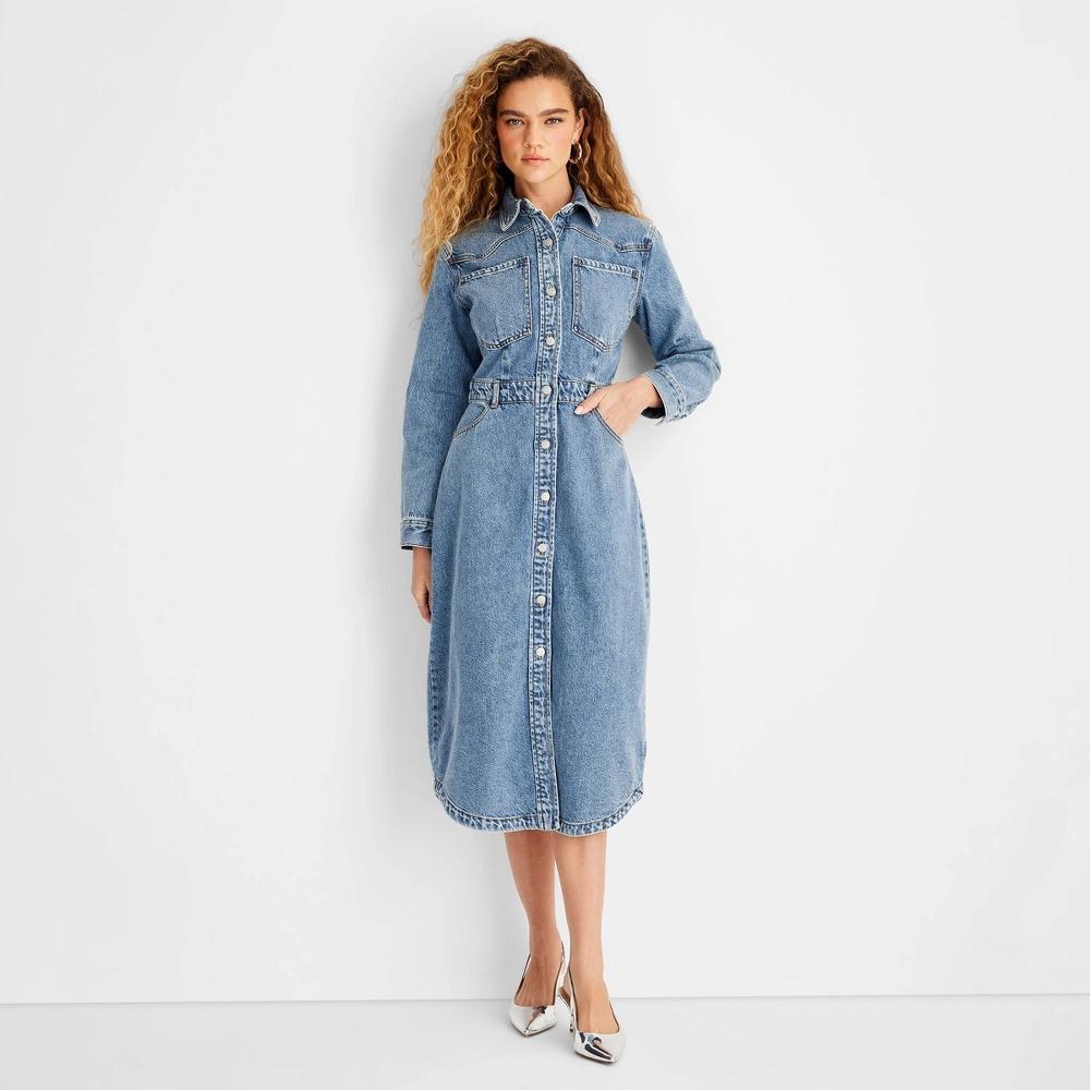 Womens Long Sleeve Denim Midi Dress - Future Collective Medium Wash Product Image