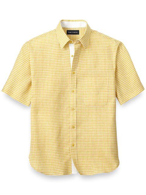 Linen Gingham Check Casual Shirt - Yellow Product Image