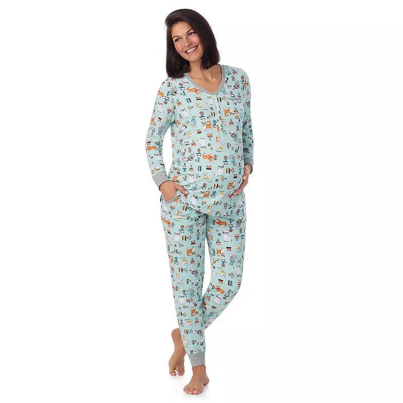 Maternity Cuddl Duds Cozy Henley Pajama Top & Banded Bottom Pajama Pants Sleep Set, Womens Green Dogs Product Image