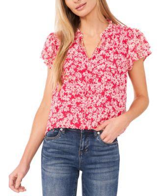 CeCe Womens Floral Clip-Dot Tie-Neck Flutter-Sleeve Top Product Image