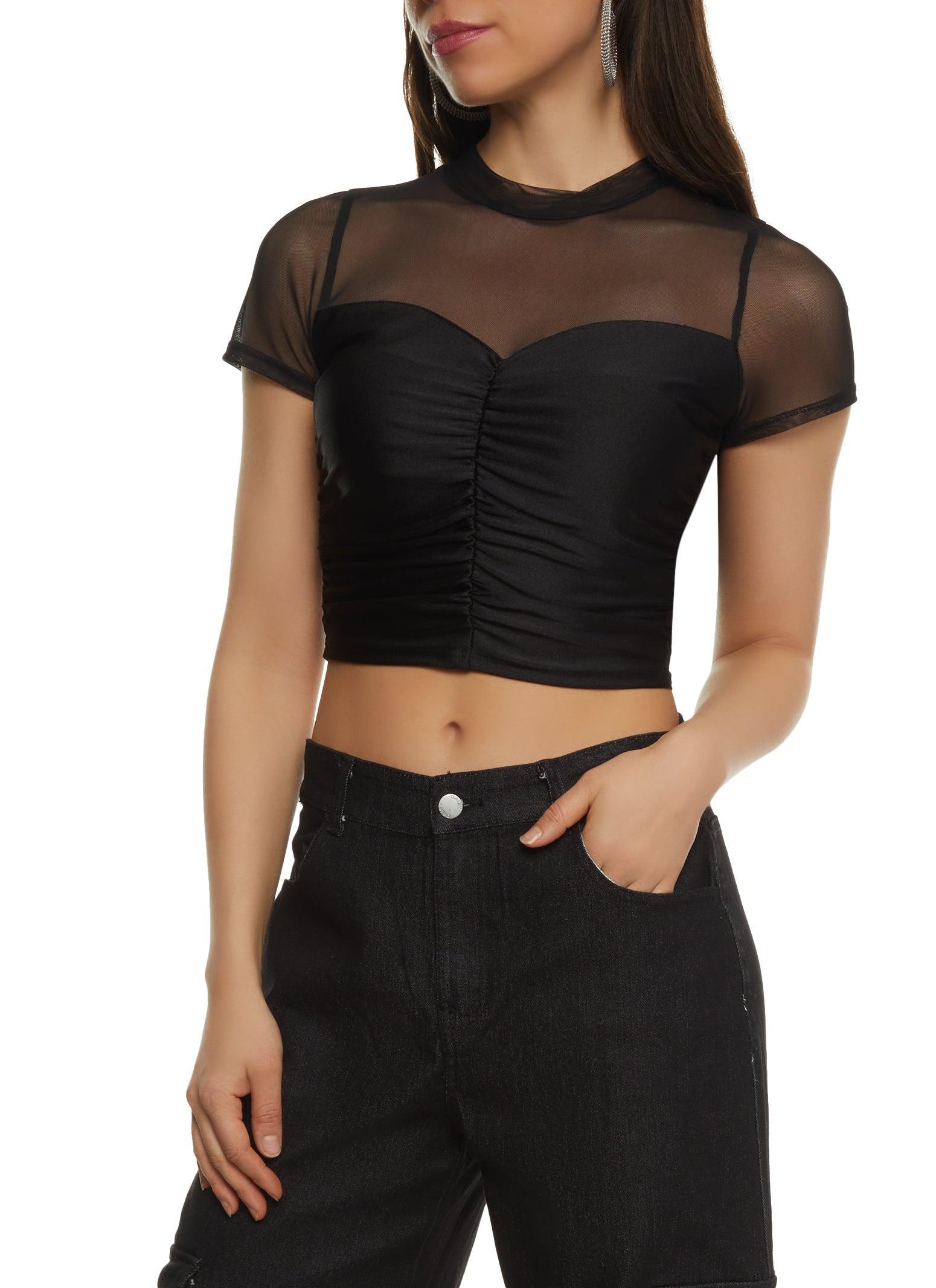 Womens Mesh Insert Ruched Top product image