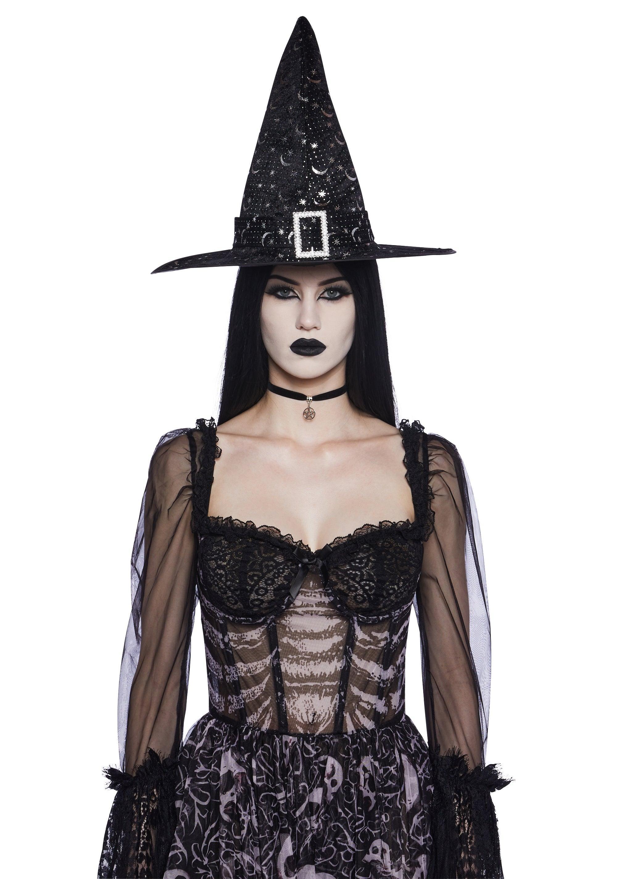 Halloween Curved Moon Star Celestial Buckled Witch Hat - Black product image