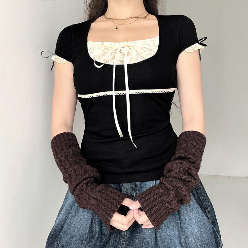 Short Sleeve / Long Sleeve Mock Two Piece Lace-Panel Tie-Front Crop Top Product Image