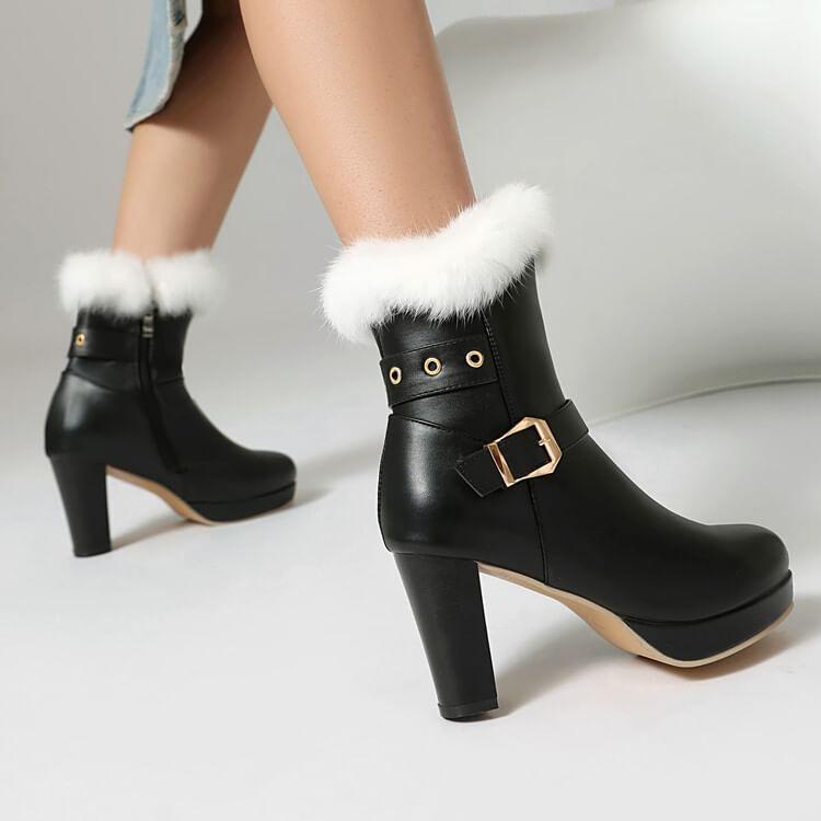 Chunky Heel Buckled Zip-Up Faux Leather Short Boots Product Image