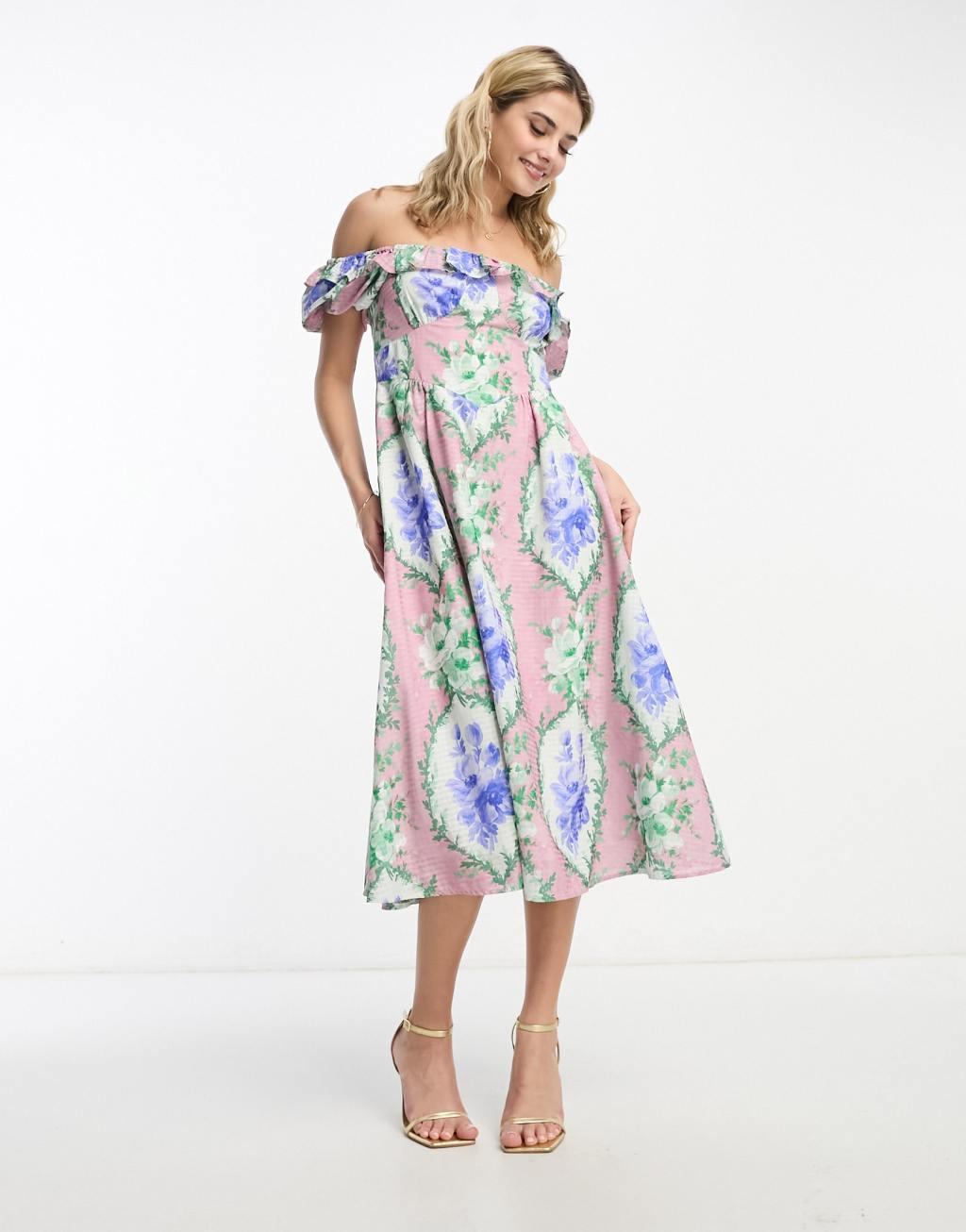 Hope & Ivy off shoulder midi dress in blue floral Product Image