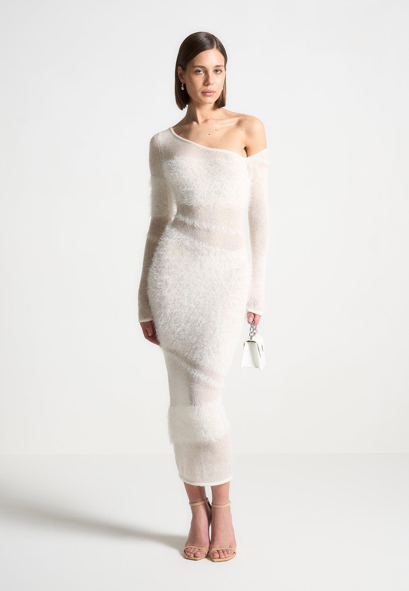 Off Shoulder Knitted Maxi Dress - Off White Female Product Image