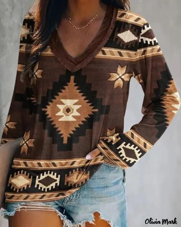 Olivia Mark – Aztec Geometric Print Long Sleeve V-Neck Top Product Image