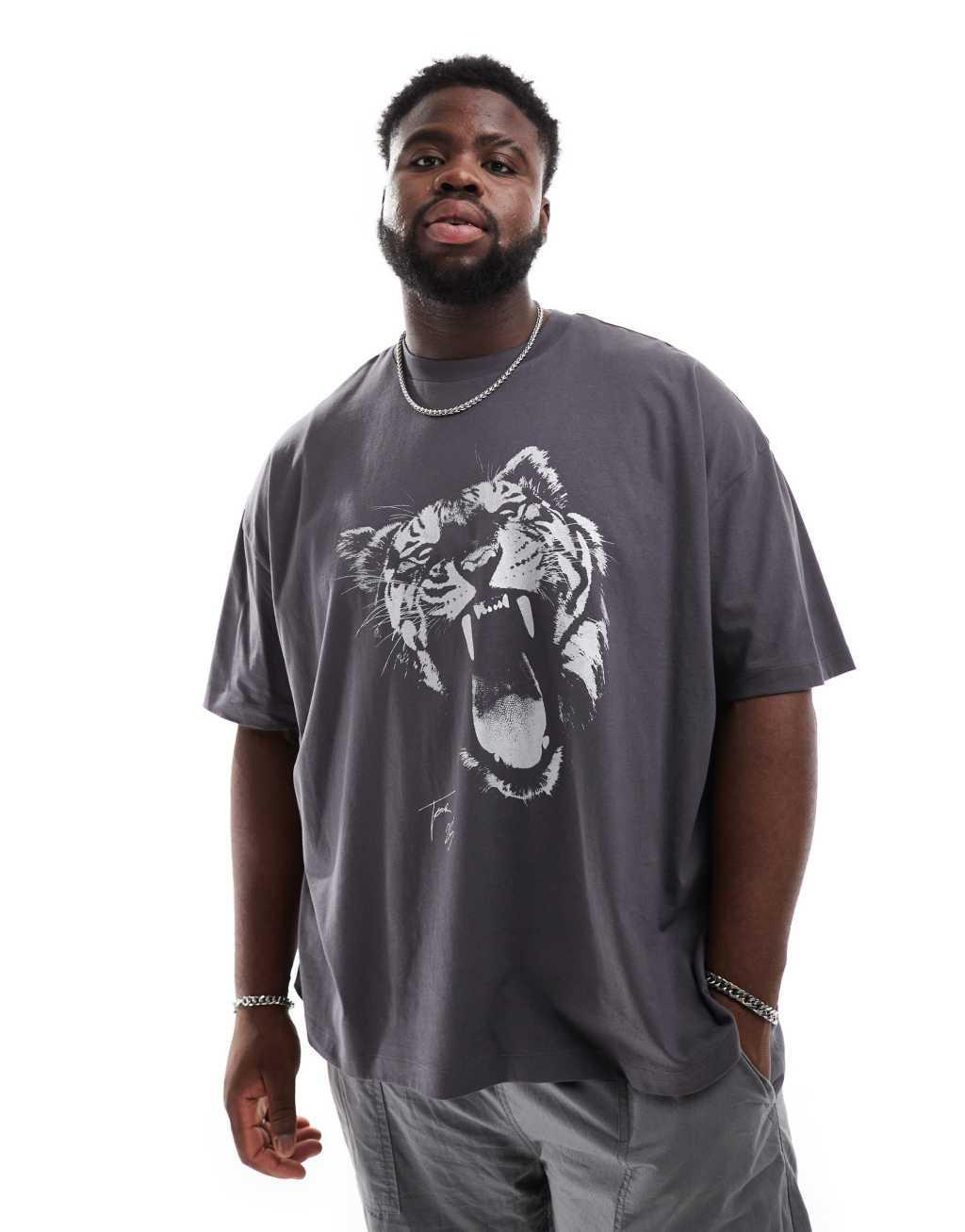 ASOS DESIGN oversized T-shirt with tiger print in charcoal Product Image