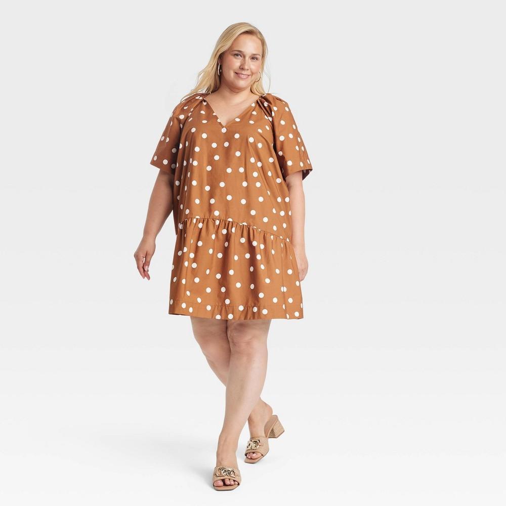 Womens Flutter Short Sleeve Mini Poplin Dress - A New Day Brown Polka Dots XXL Product Image