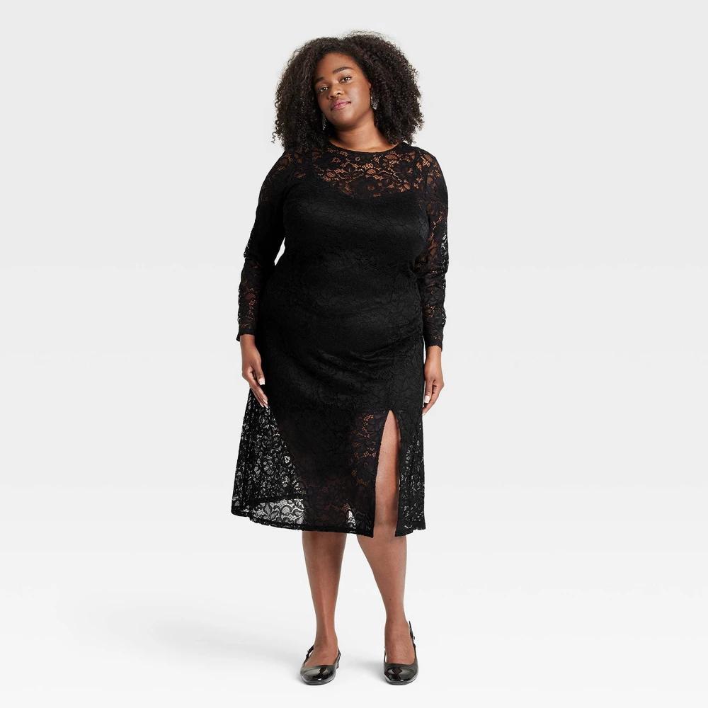 Womens Long Sleeve Midi Lace Dress - A New Day Black Floral Product Image