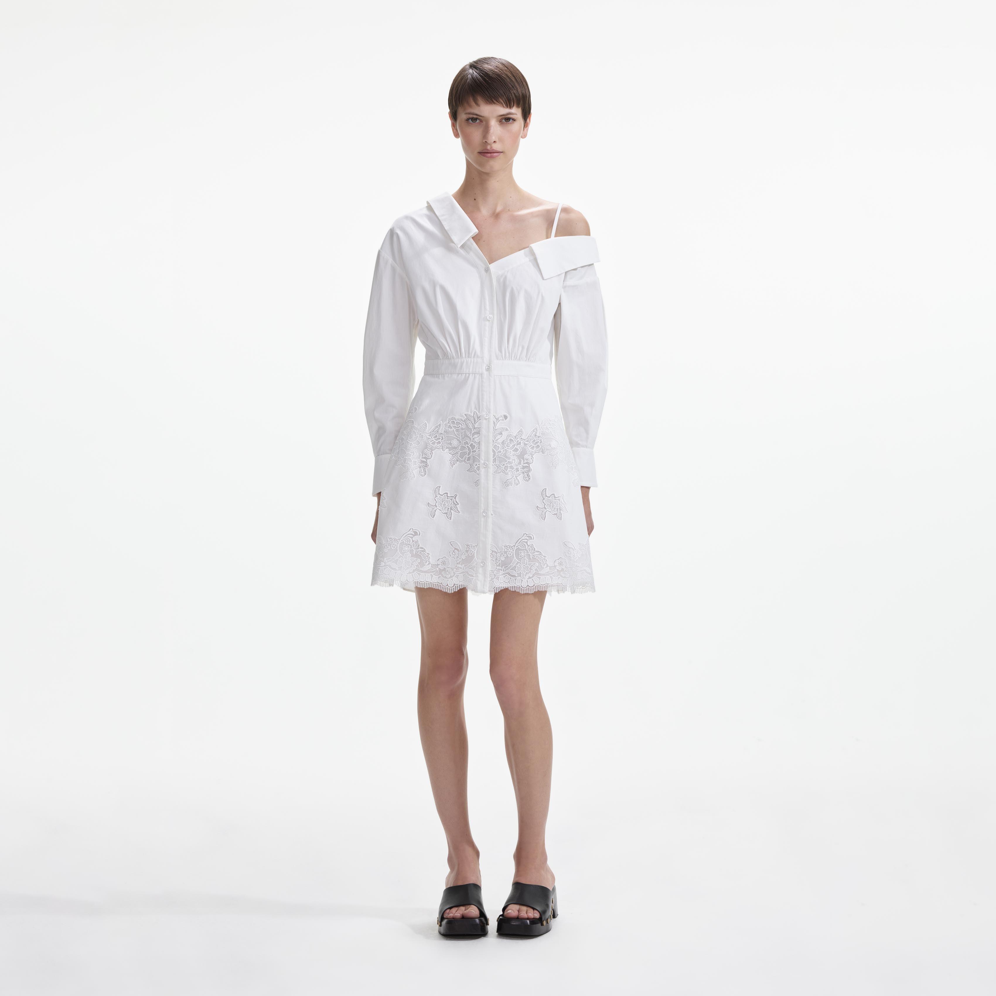 White Cotton Lace Hem Mini Dress Product Image