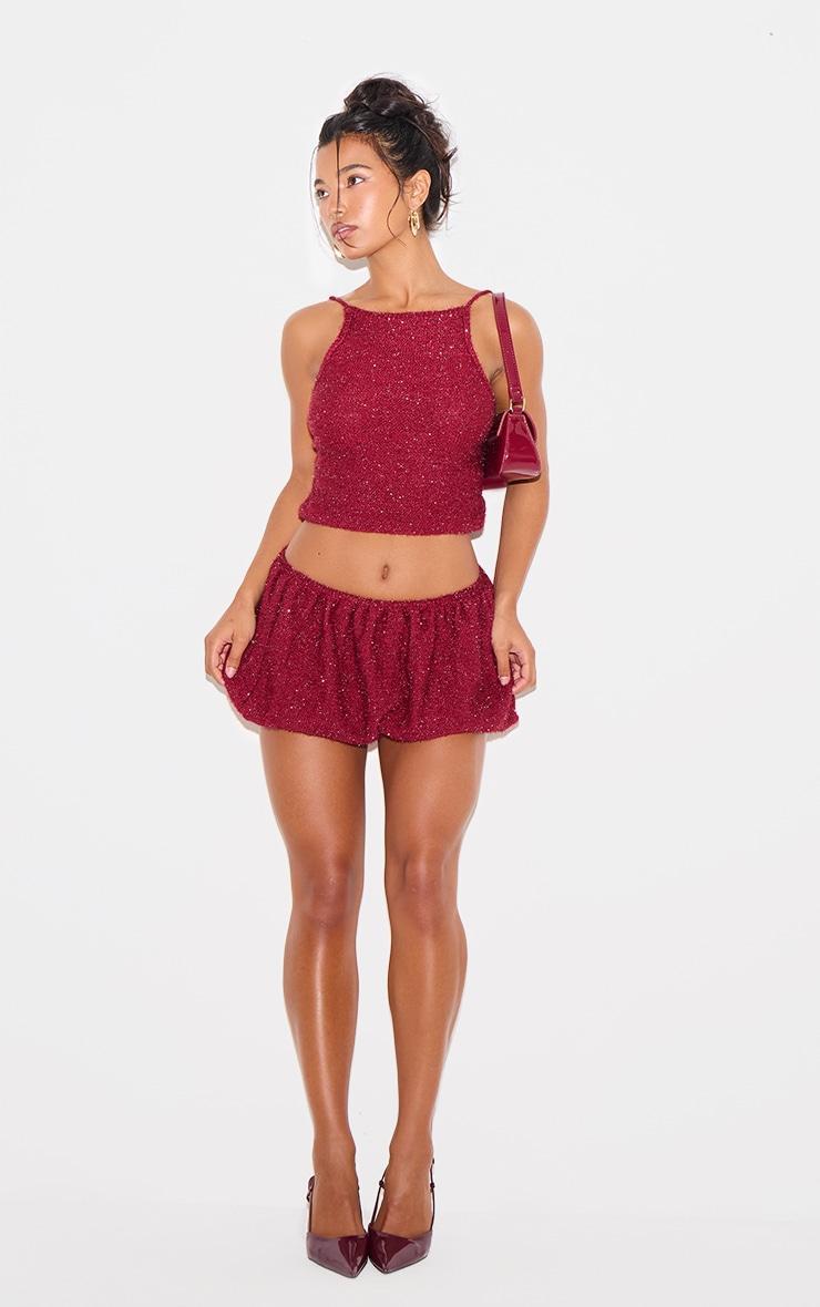 Wine Tinsel Knit Detail Cami Crop Top Product Image