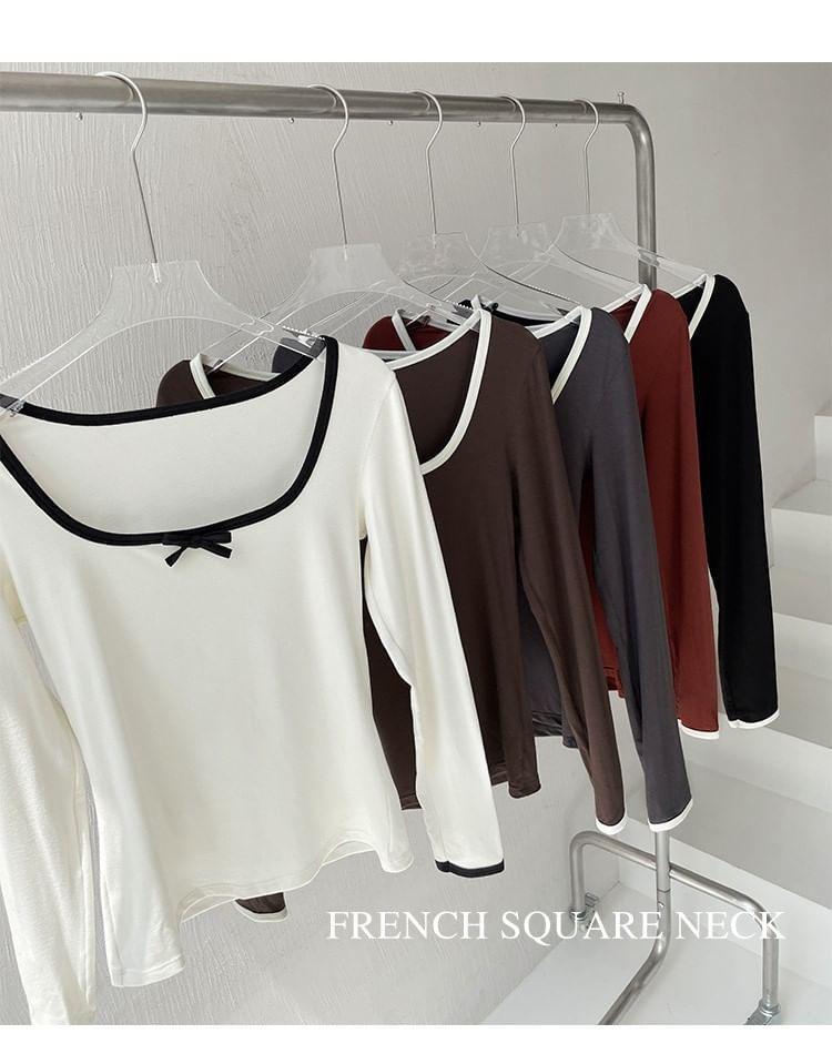 Pajama Set: Long-Sleeve Scoop Neck Plain Bow Pajama T-Shirt + Pants Product Image