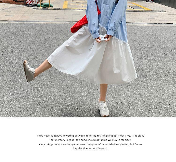 Long-Sleeve Two Tone Asymmetrical Frill Trim Half-Buttoned Midi Tunic Shirt Dress Product Image