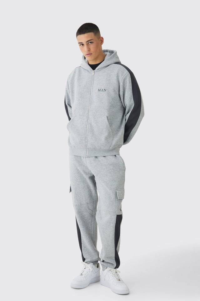 Regular Fit Colour Block Cargo Pocket Zip Through Hooded Tracksuit | boohooMAN USA Product Image