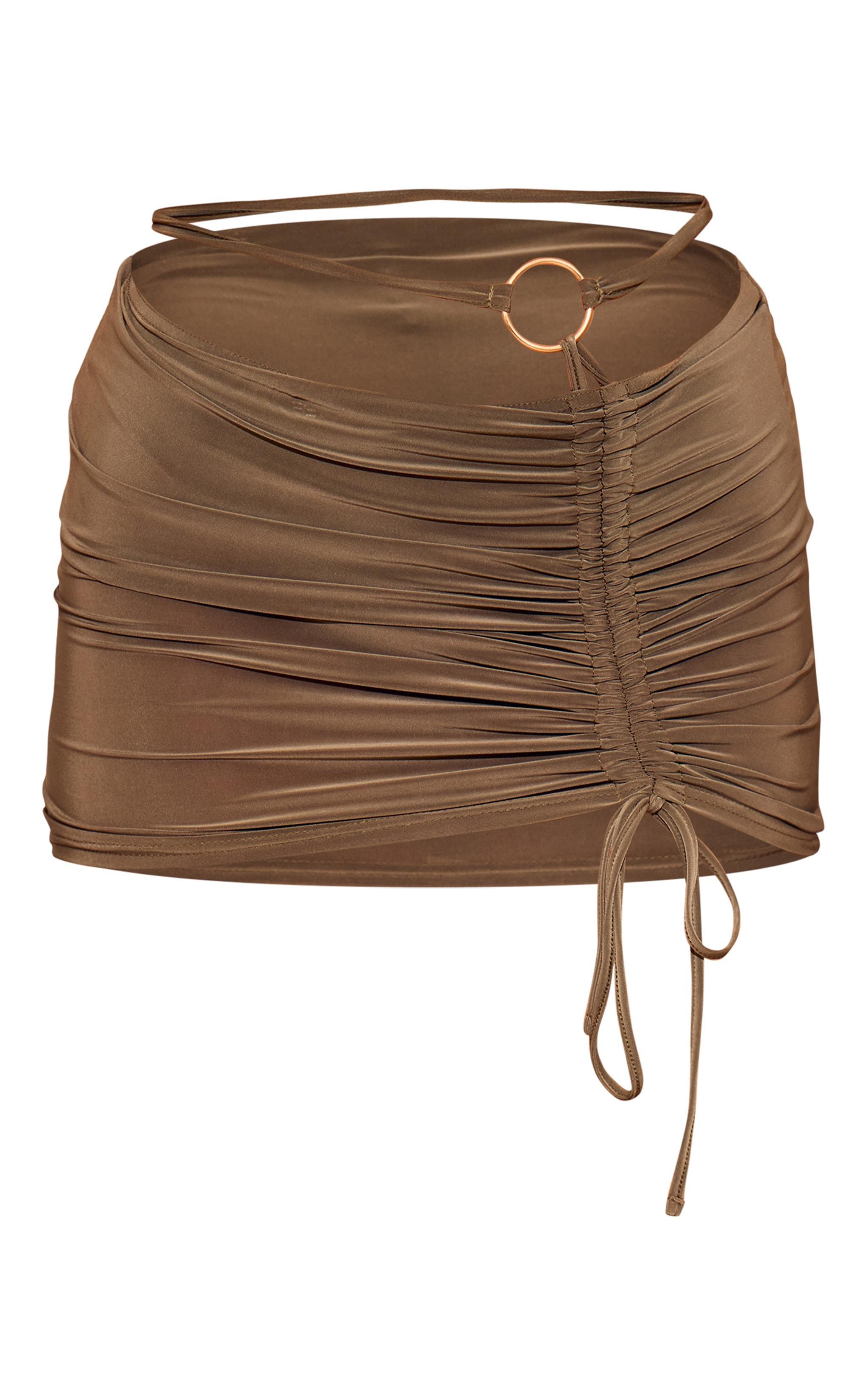 Khaki Slinky Ring Detail Ruched Side Mini Skirt Product Image