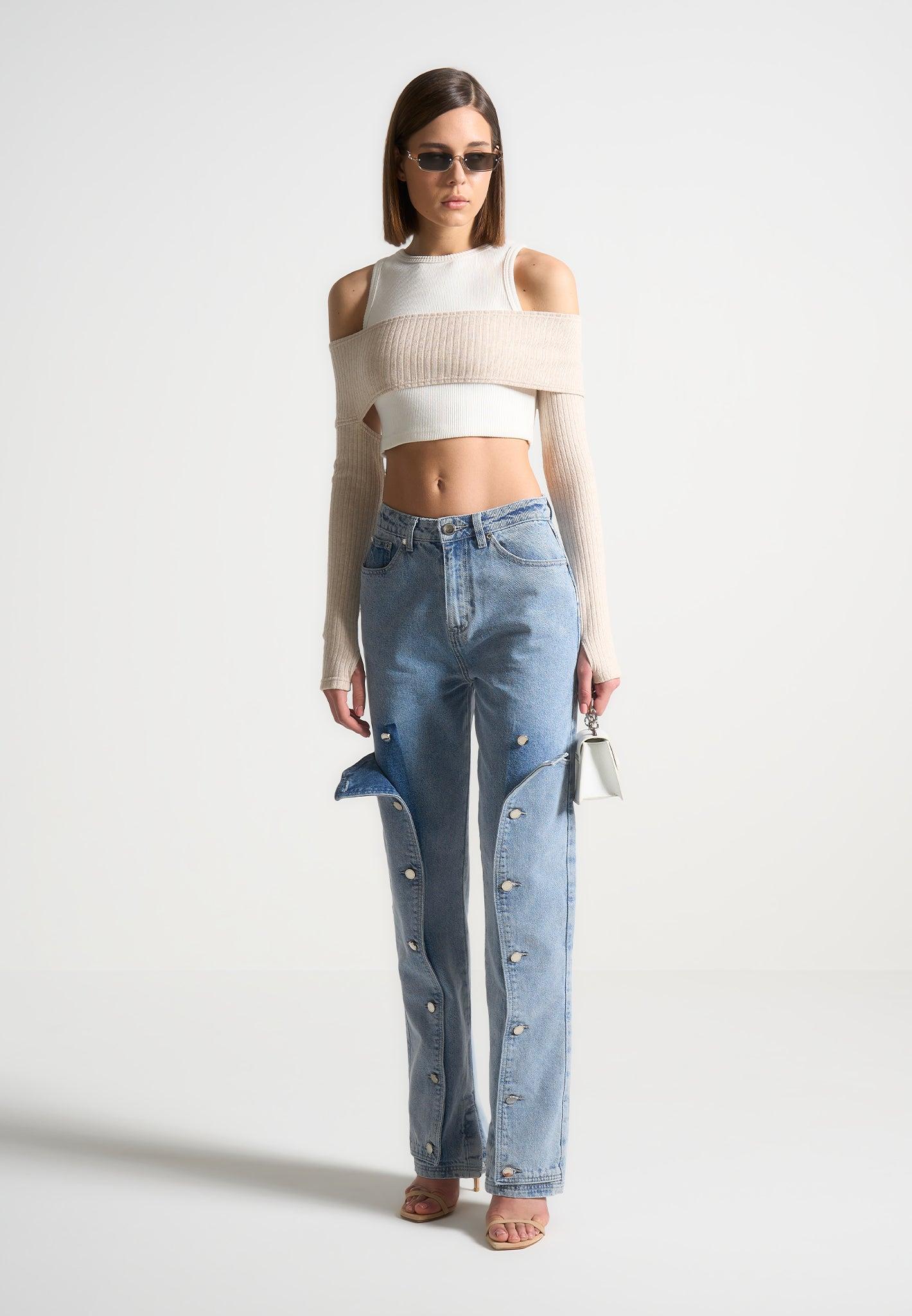 Crop Top with Knitted Overlay - White/Beige Female Product Image