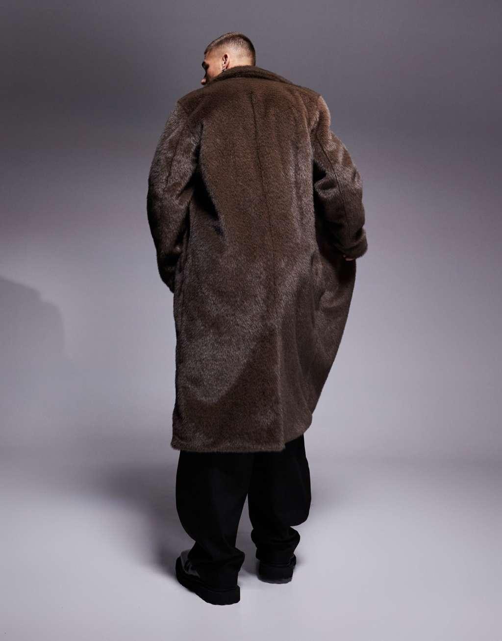 ASOS DESIGN faux fur overcoat in brown Product Image