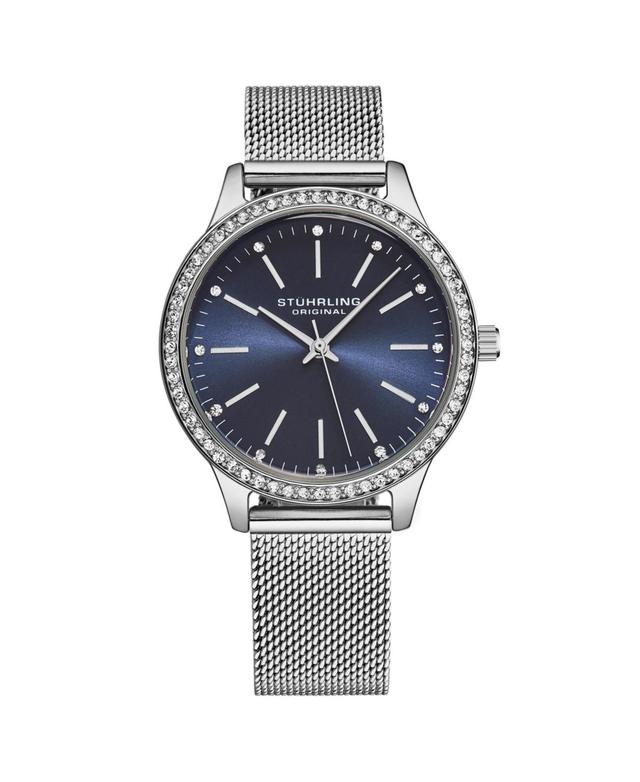 Stuhrling Womens Quartz Crystal Studded Solver Case and Silver Mesh Bracelet, Blue Dial, Silver Hands and Markers Watch Product Image