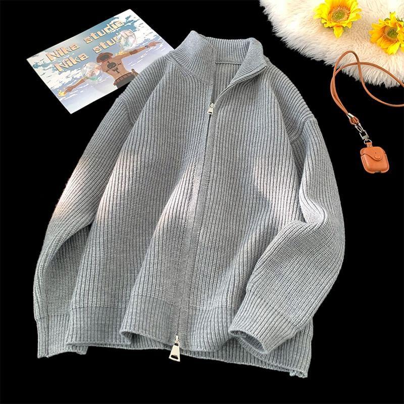 Stand Collar Plain Zip-Up Cardigan Product Image